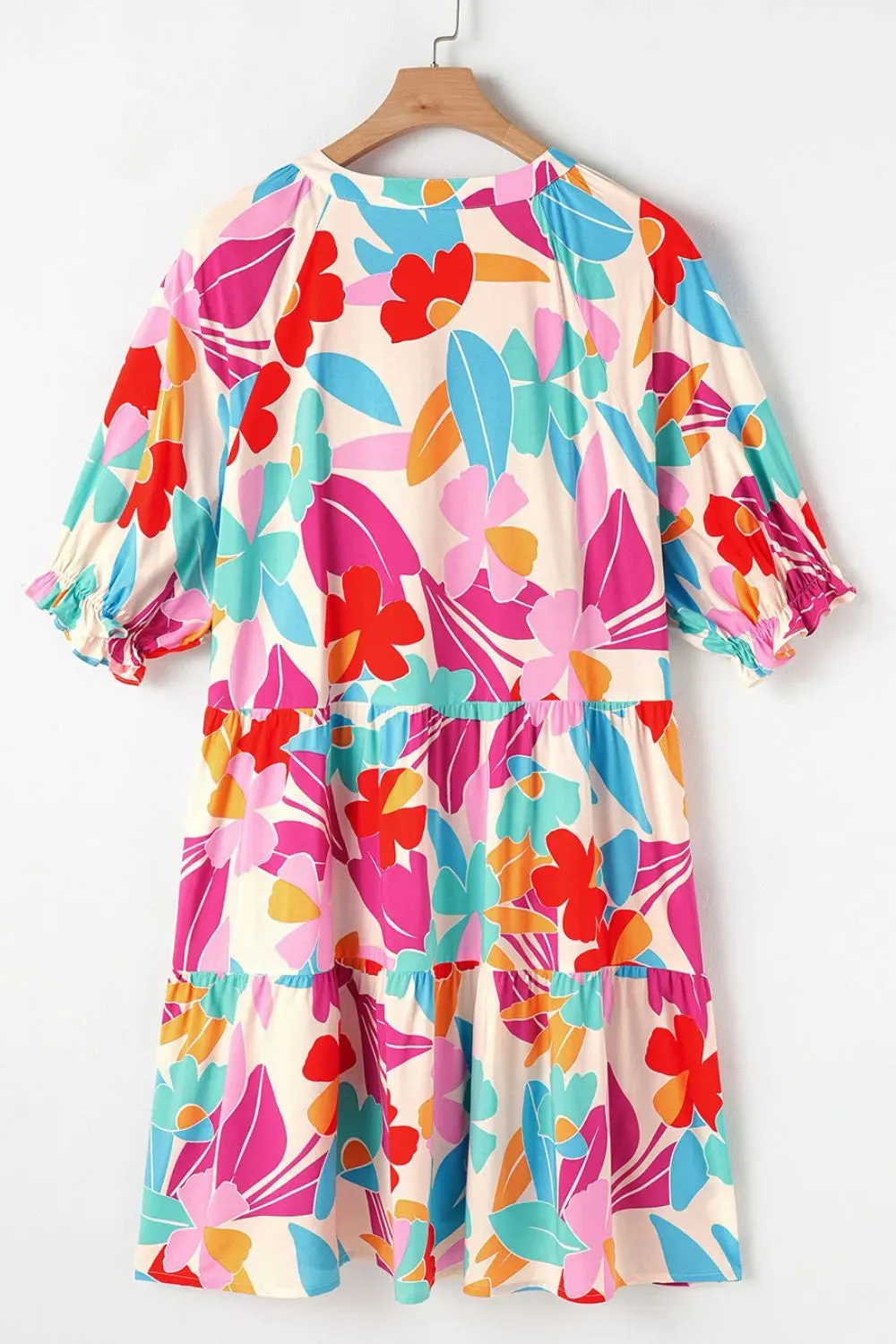 Floral Bubble Sleeve V Neck Tiered Ruffle Babydoll Dress