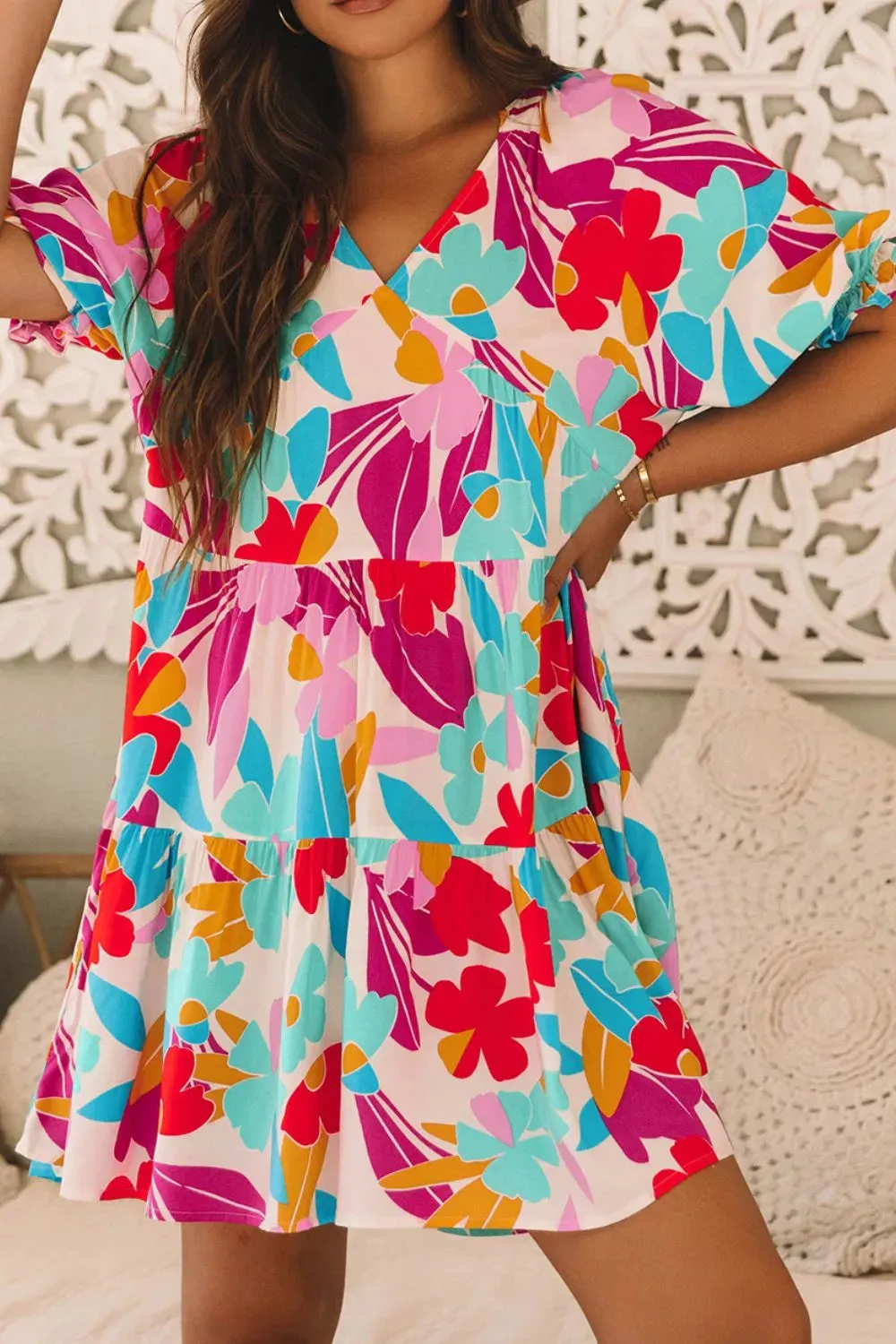 Floral Bubble Sleeve V Neck Tiered Ruffle Babydoll Dress