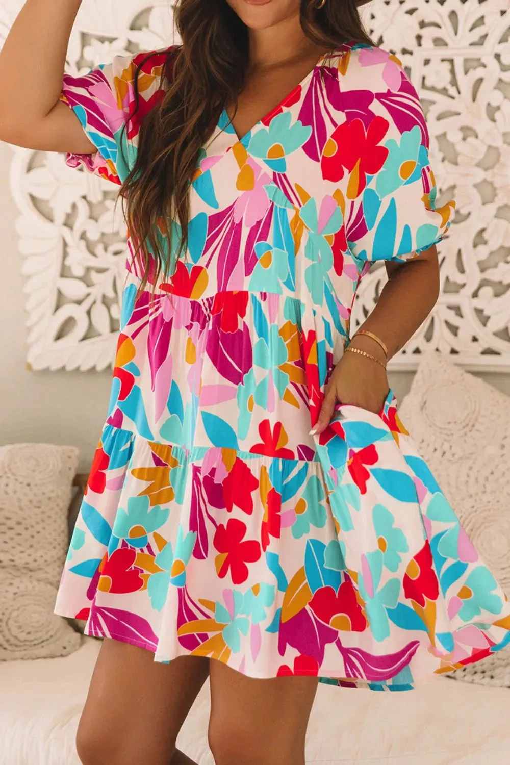 Floral Bubble Sleeve V Neck Tiered Ruffle Babydoll Dress