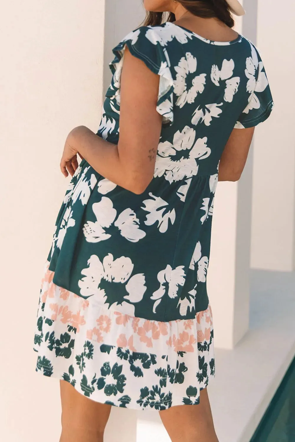 Floral Print Ruffle Sleeve Empire Waist Mini Dress