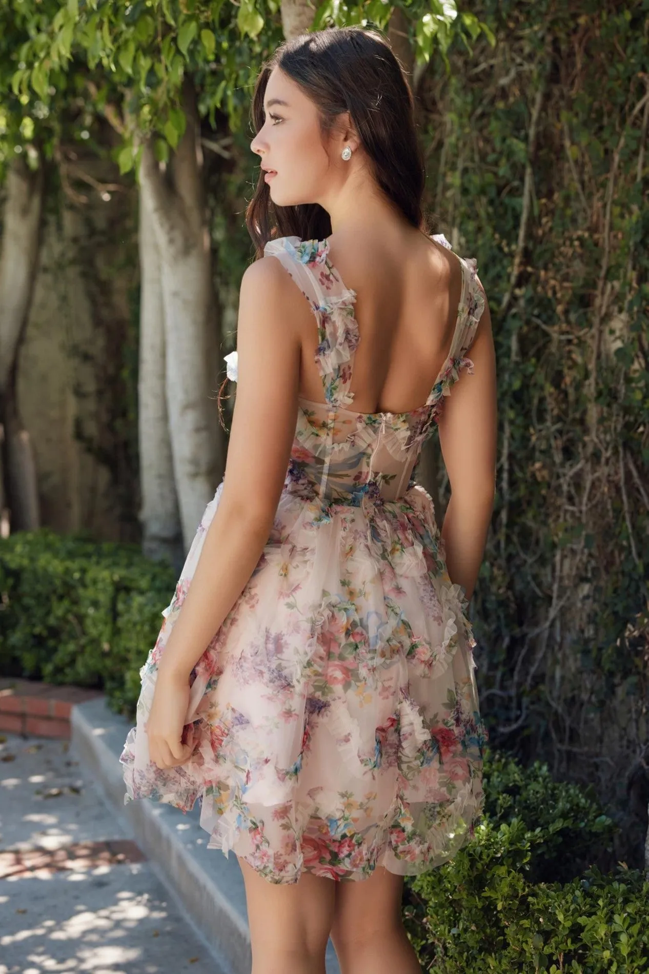 Floral Printed Corset Dress with Tiered Ruffles