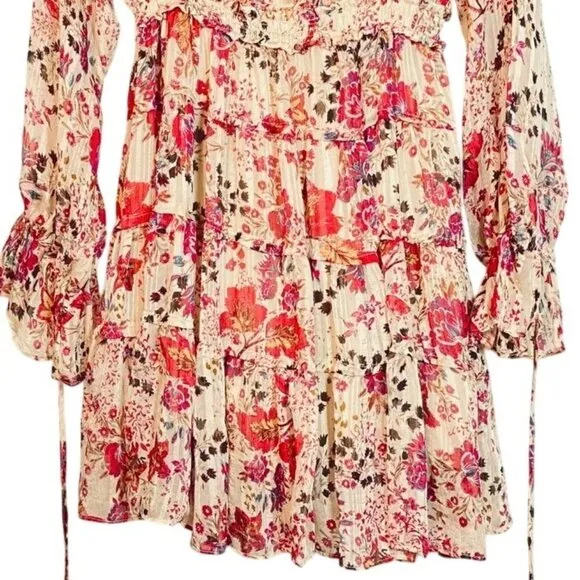Free People Closer To The Heart Floral Mini Dress L Ivory &amp; Pink Long Sleeve Rom