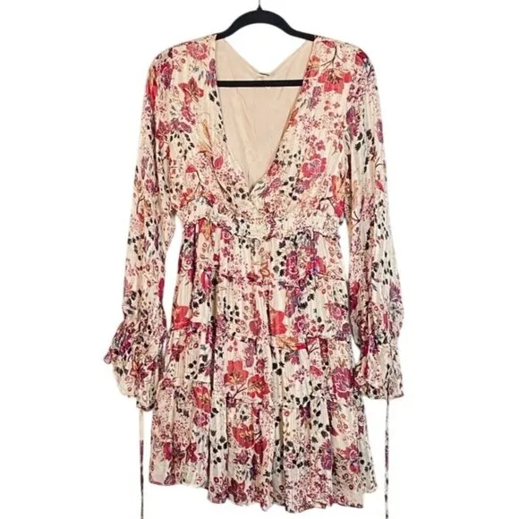 Free People Closer To The Heart Floral Mini Dress L Ivory &amp; Pink Long Sleeve Rom