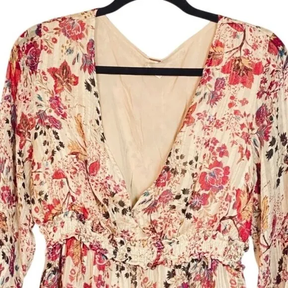 Free People Closer To The Heart Floral Mini Dress L Ivory &amp; Pink Long Sleeve Rom