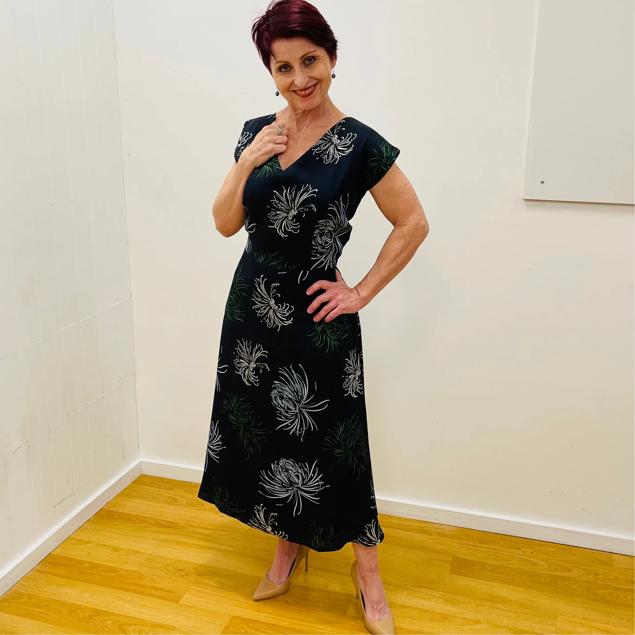 French Navy Floral Capped Sleeve Dress with V Neck