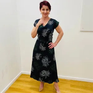French Navy Floral Capped Sleeve Dress with V Neck