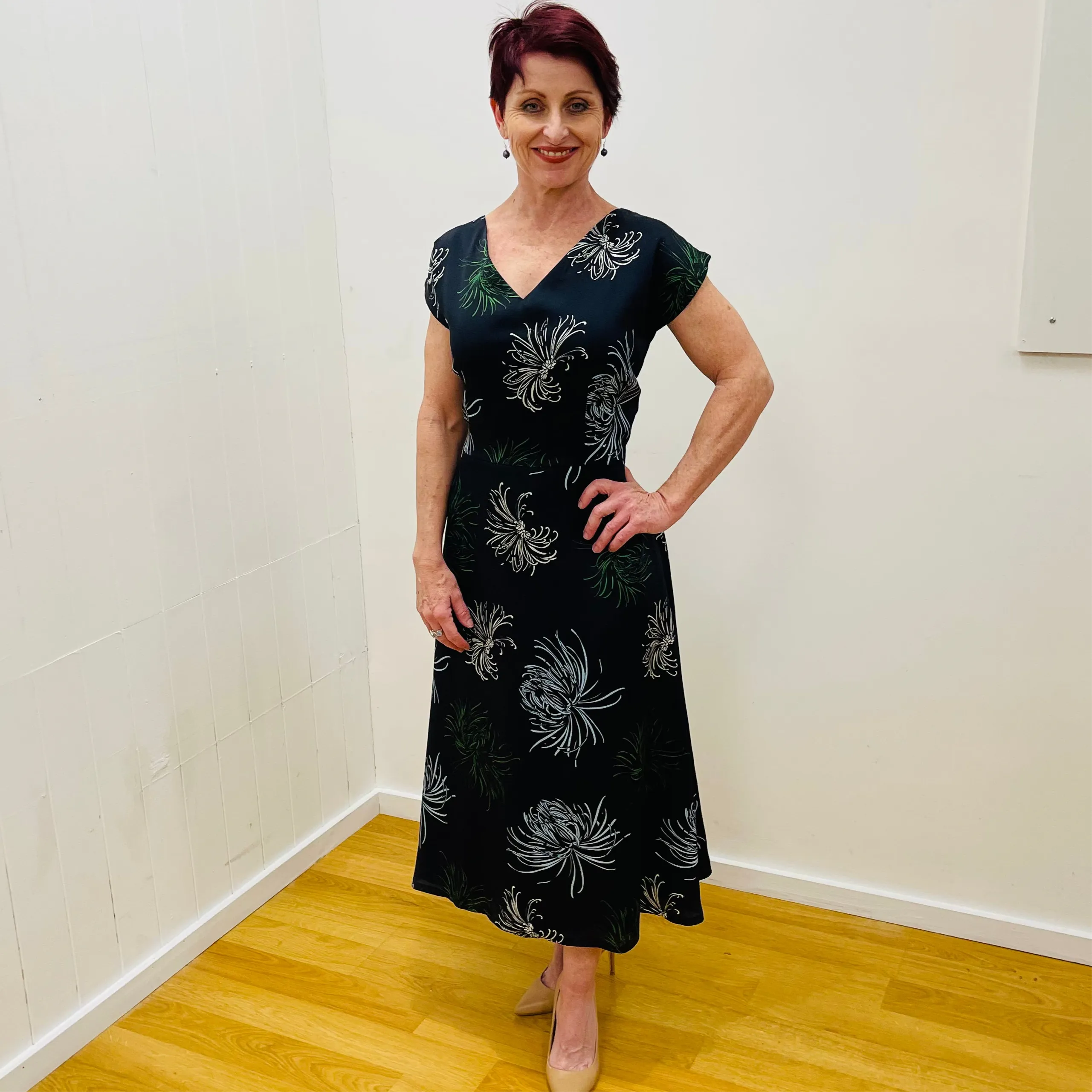 French Navy Floral Capped Sleeve Dress with V Neck