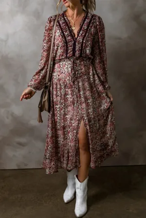 Freya Frill Printed V-Neck Long Sleeve Midi Dress
