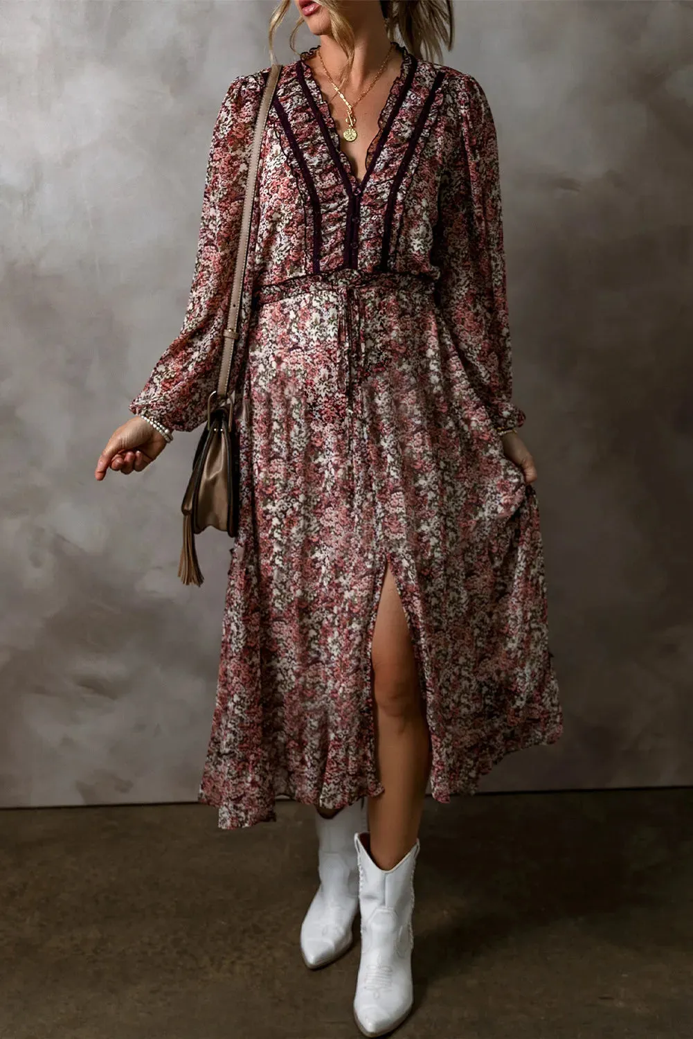 Freya Frill Printed V-Neck Long Sleeve Midi Dress