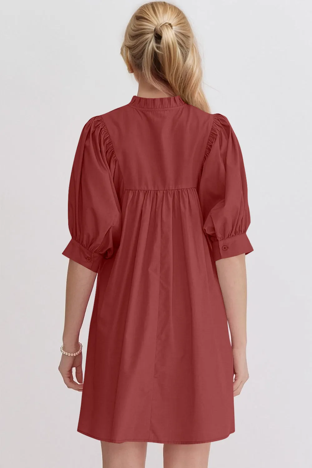 Frill Notched Puff Sleeve Babydoll Mini Dress