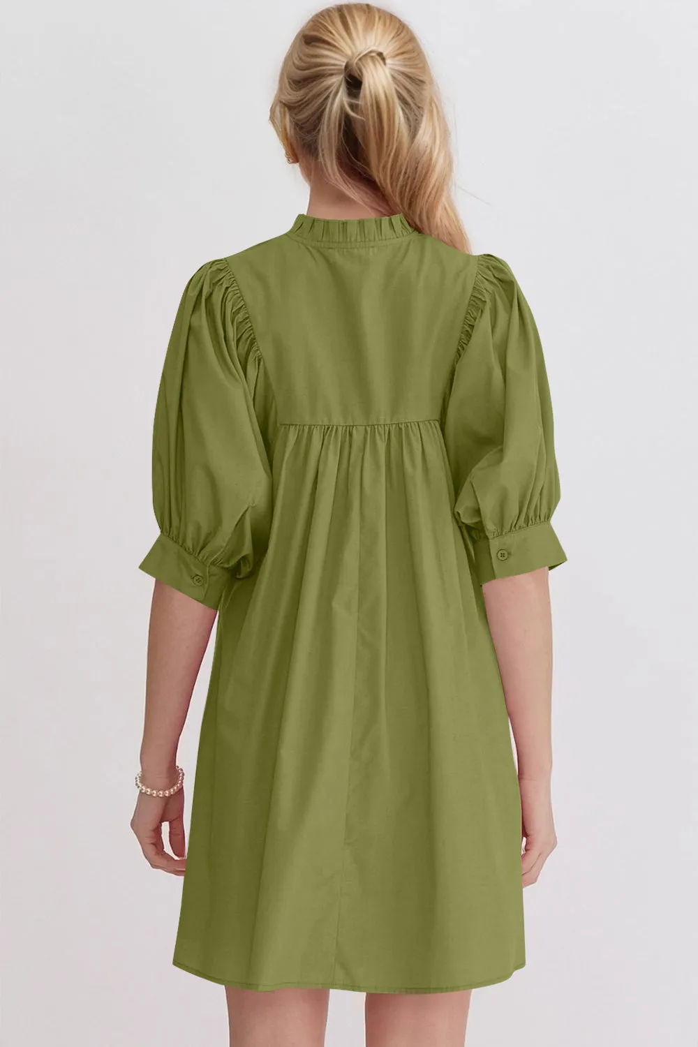 Frill Notched Puff Sleeve Babydoll Mini Dress