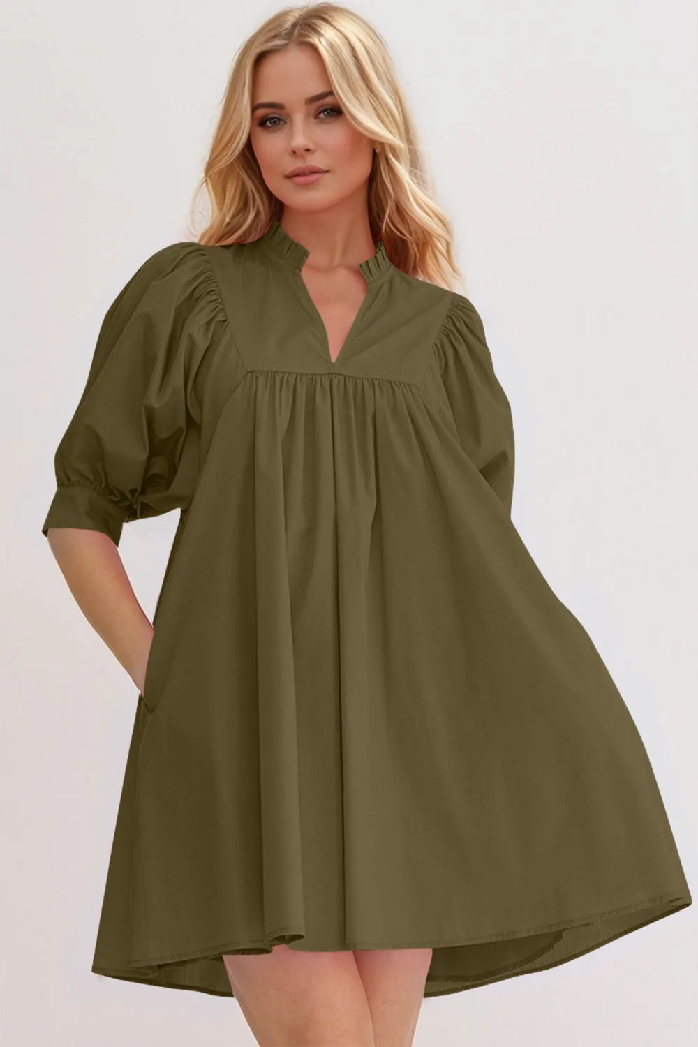 Frill Notched Puff Sleeve Babydoll Mini Dress