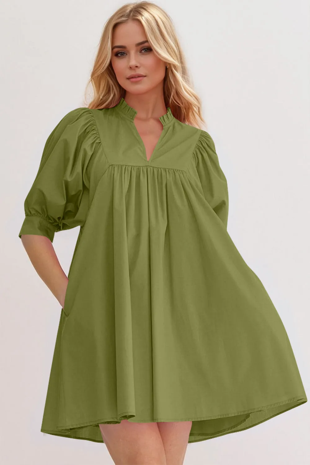 Frill Notched Puff Sleeve Babydoll Mini Dress