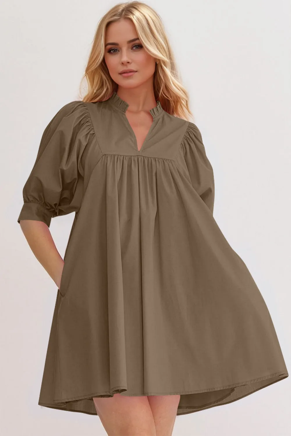 Frill Notched Puff Sleeve Babydoll Mini Dress