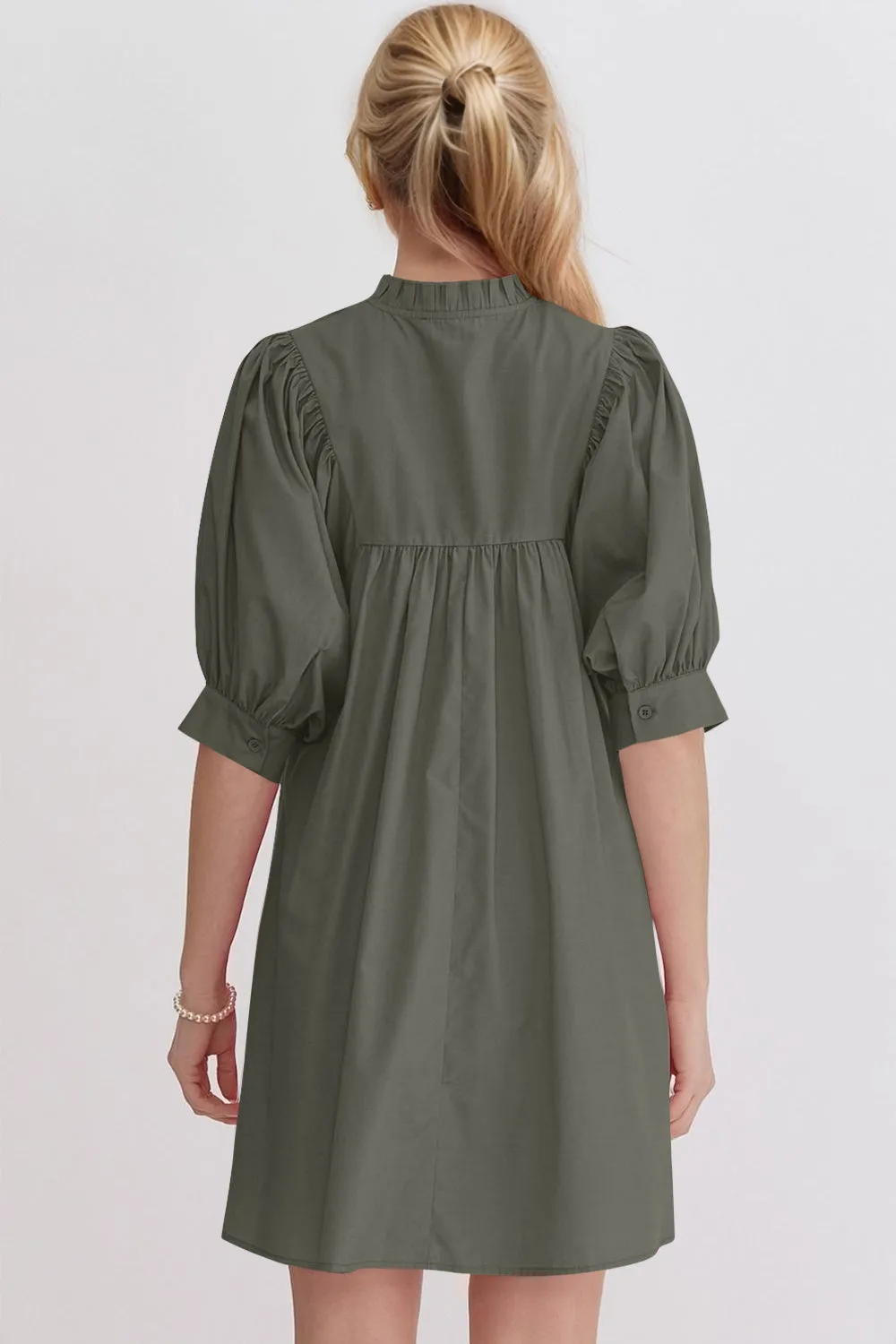 Frill Notched Puff Sleeve Babydoll Mini Dress