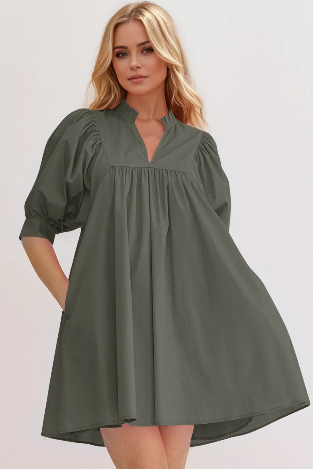 Frill Notched Puff Sleeve Babydoll Mini Dress