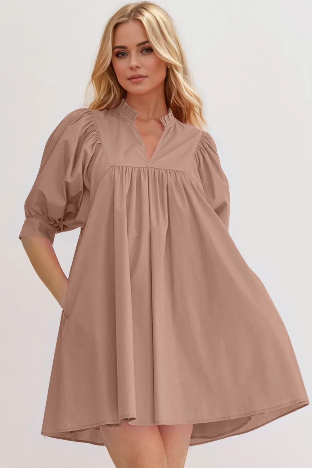 Frill Notched Puff Sleeve Babydoll Mini Dress