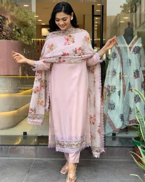 FRILLFIT: Pastel Pink Floral Embroidered Suit – Timeless Ethnic Wear