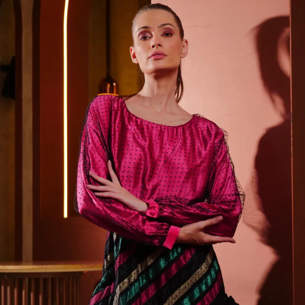 Fuchsia Satin Long Dress And Striped Skirt Wrapped In Black Dotted Tulle