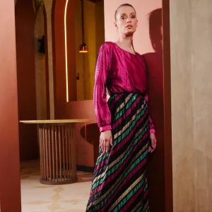 Fuchsia Satin Long Dress And Striped Skirt Wrapped In Black Dotted Tulle