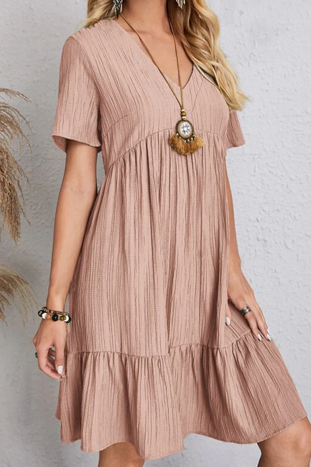 Full Size Ruched V-Neck Short Sleeve Dress (7 Colors)
