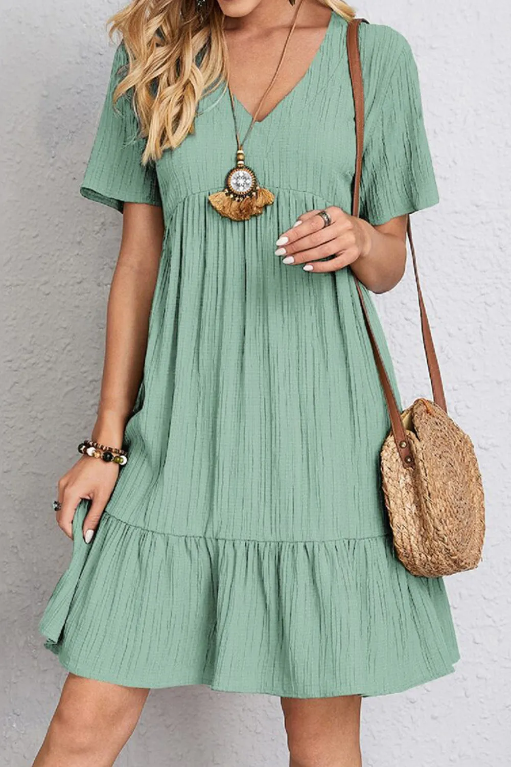Full Size Ruched V-Neck Short Sleeve Dress (7 Colors)