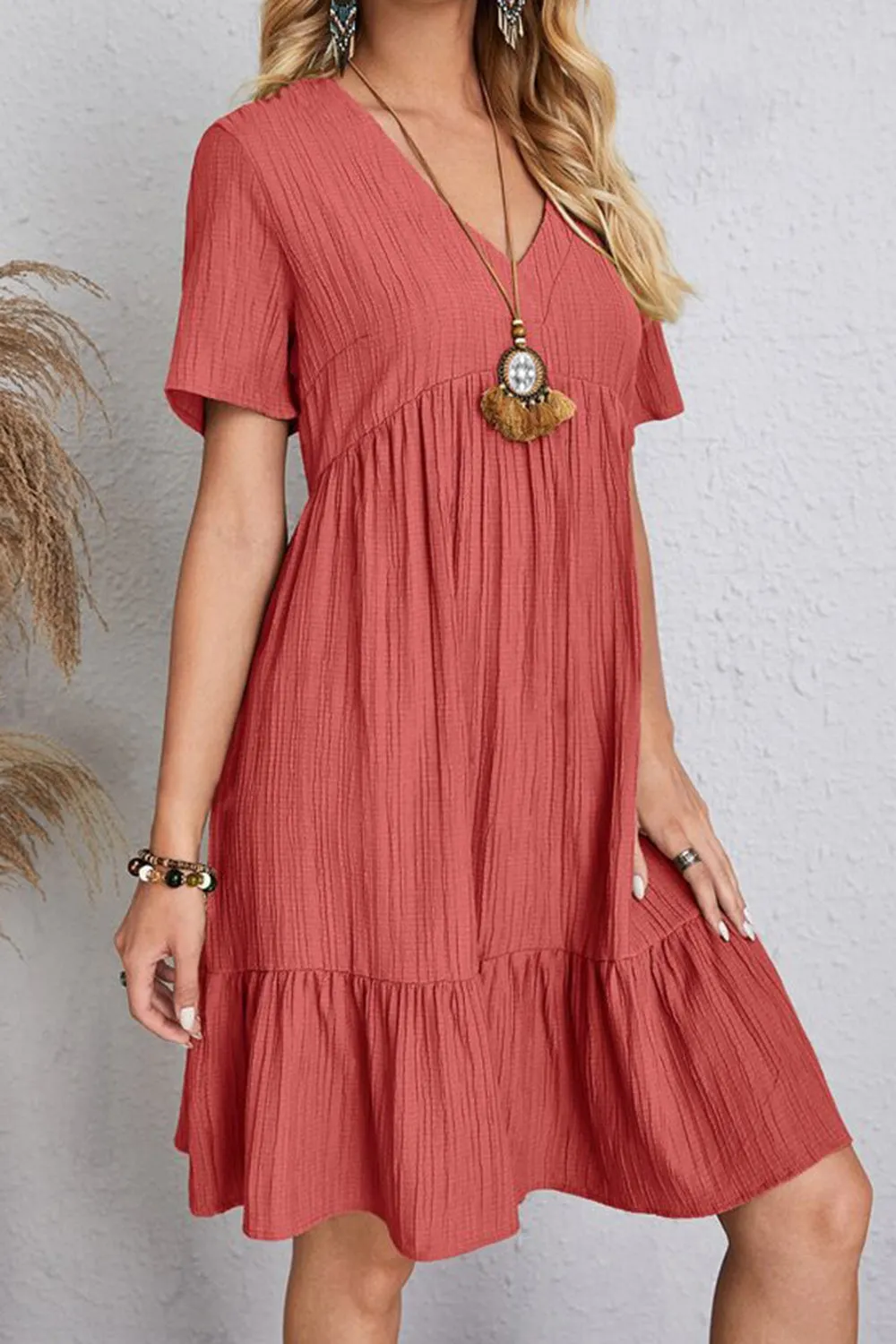 Full Size Ruched V-Neck Short Sleeve Dress (7 Colors)