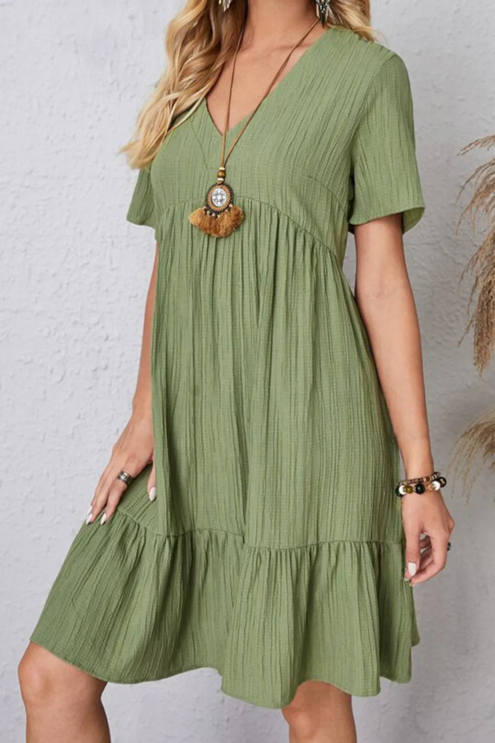 Full Size Ruched V-Neck Short Sleeve Dress (7 Colors)