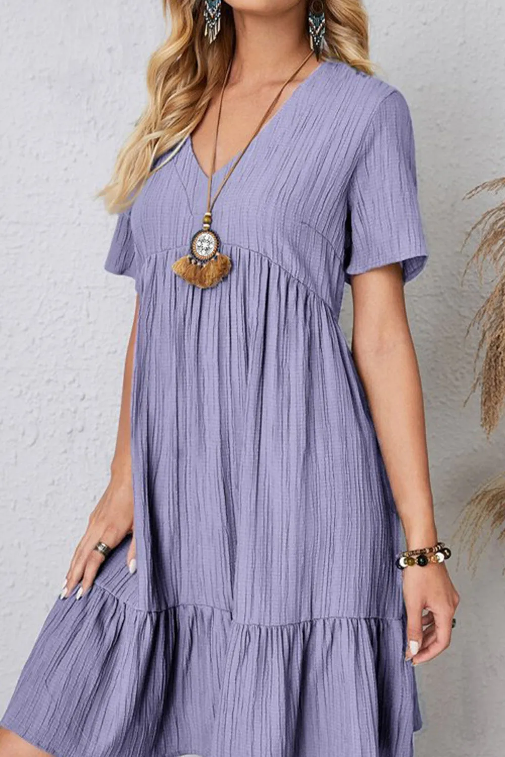Full Size Ruched V-Neck Short Sleeve Dress (7 Colors)