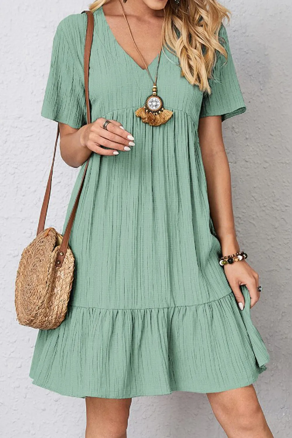 Full Size Ruched V-Neck Short Sleeve Dress (7 Colors)