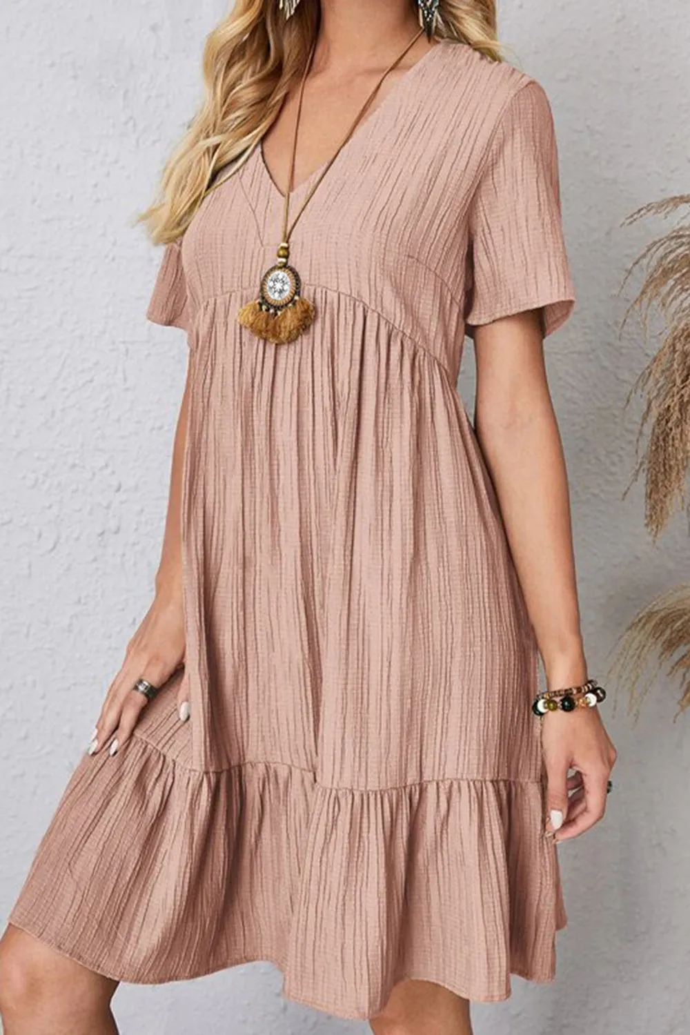 Full Size Ruched V-Neck Short Sleeve Dress (7 Colors)