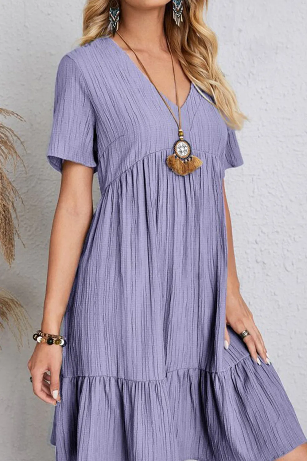 Full Size Ruched V-Neck Short Sleeve Dress (7 Colors)