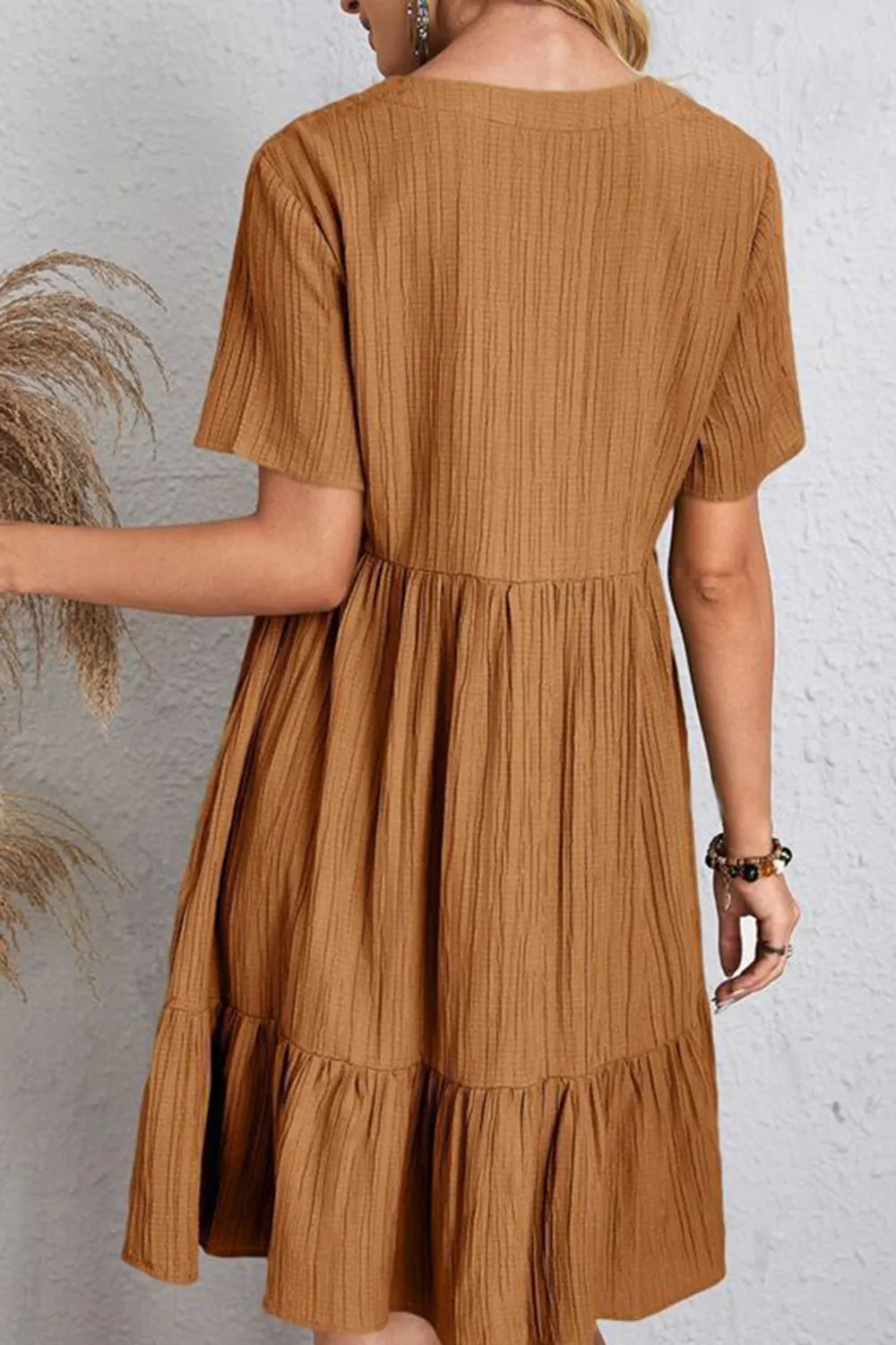 Full Size Ruched V-Neck Short Sleeve Dress (7 Colors)