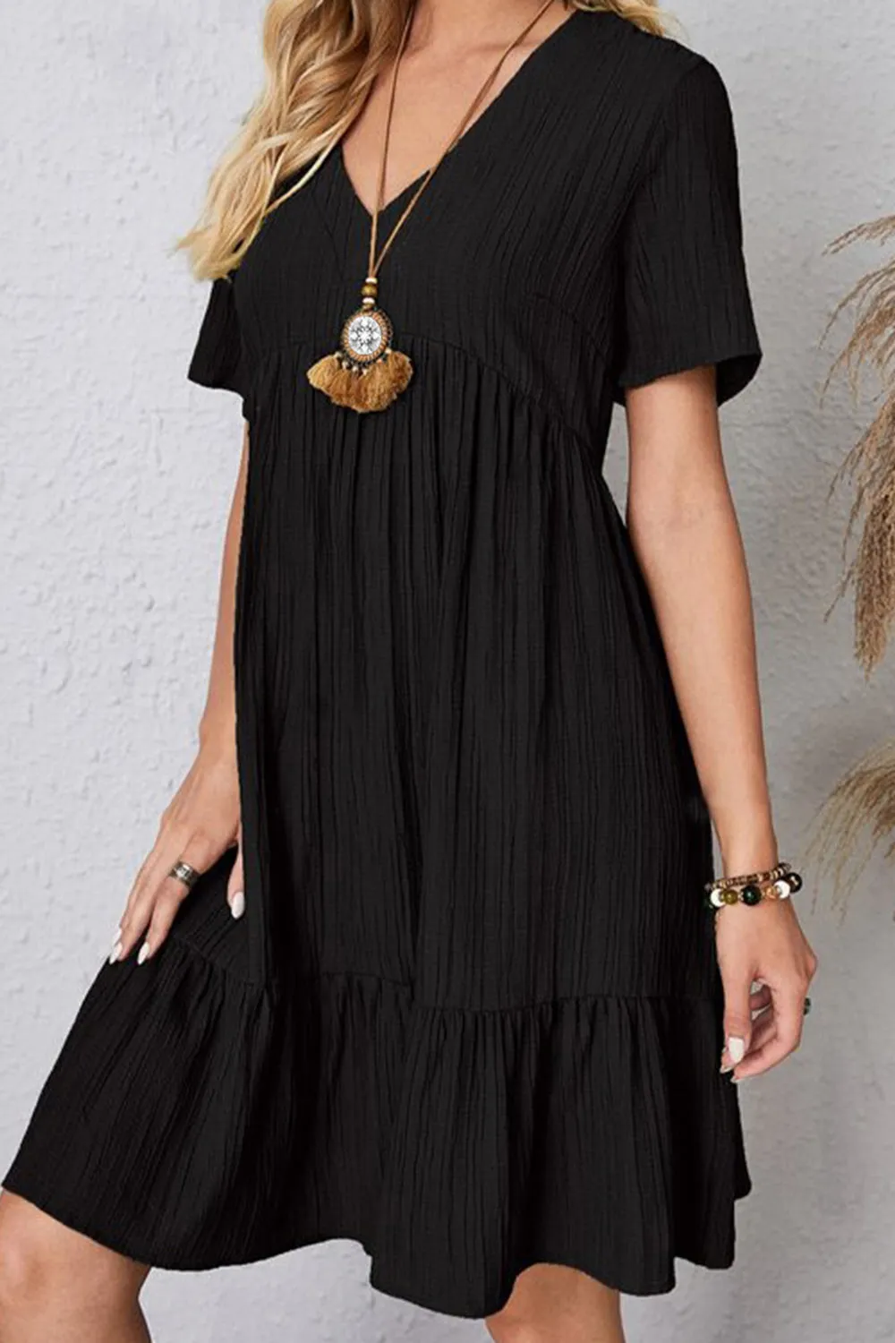 Full Size Ruched V-Neck Short Sleeve Dress (7 Colors)