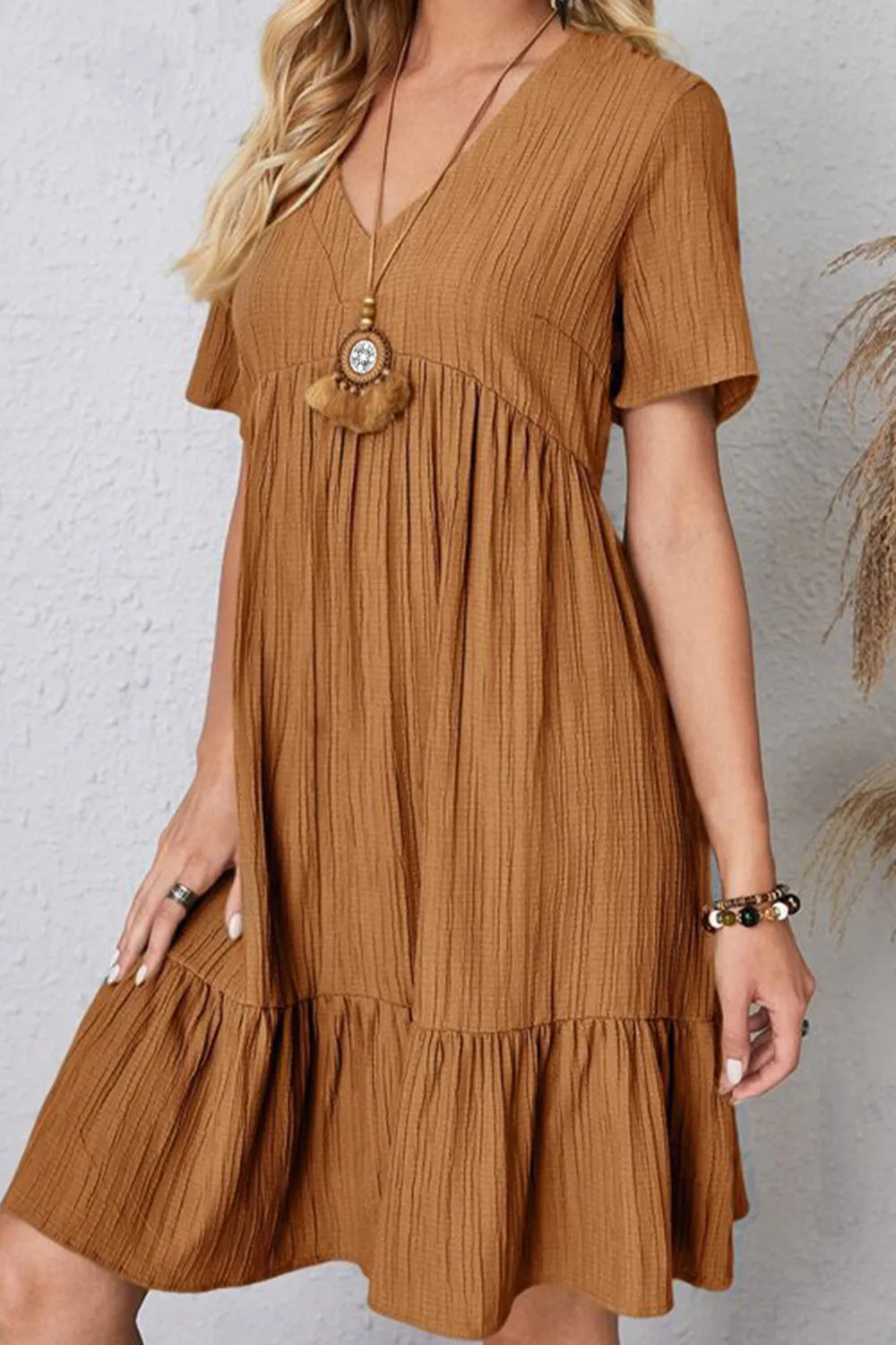 Full Size Ruched V-Neck Short Sleeve Dress (7 Colors)