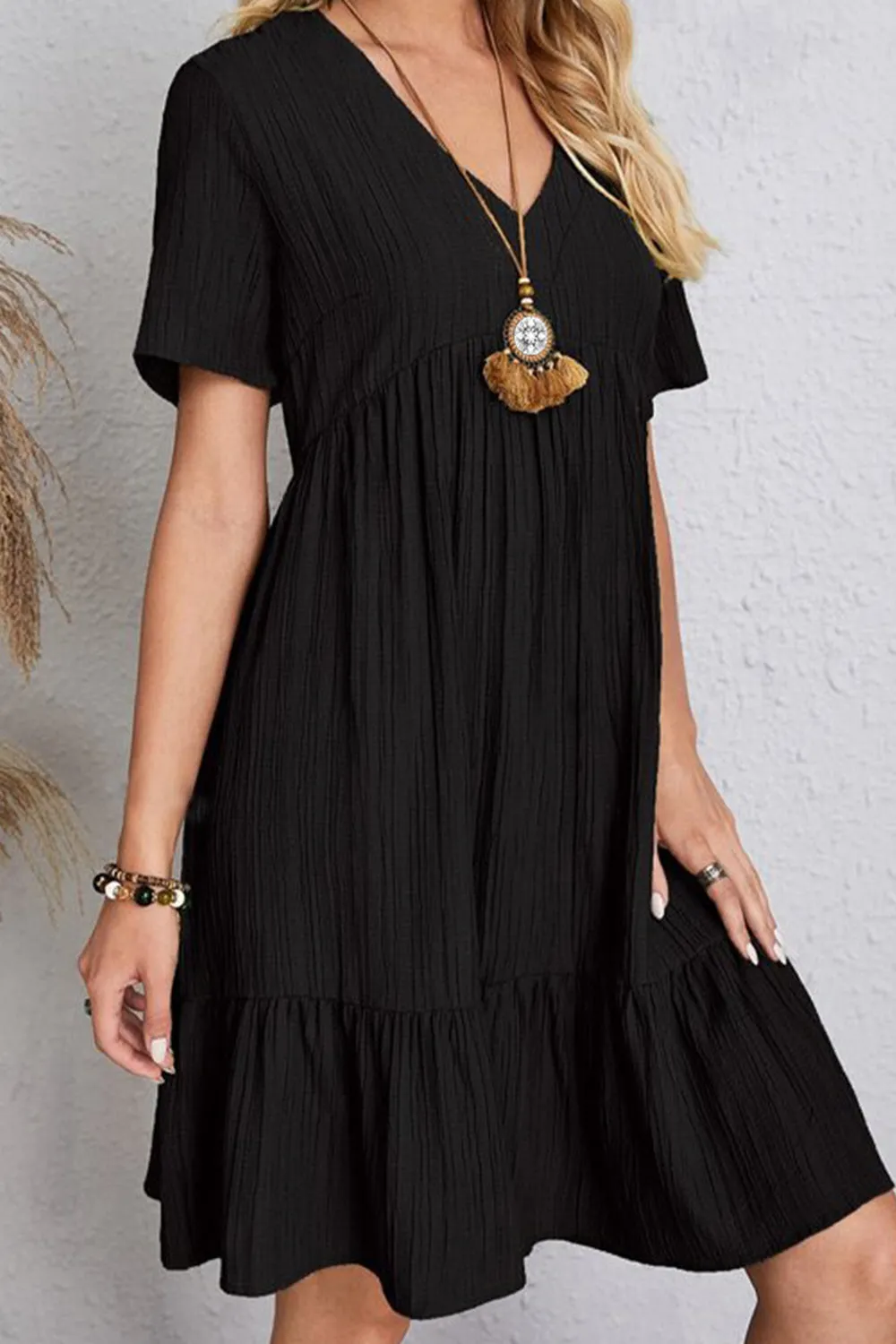 Full Size Ruched V-Neck Short Sleeve Dress (7 Colors)