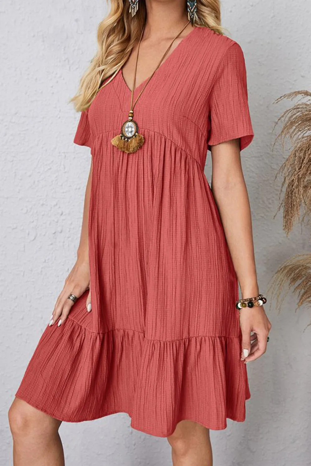 Full Size Ruched V-Neck Short Sleeve Dress (7 Colors)