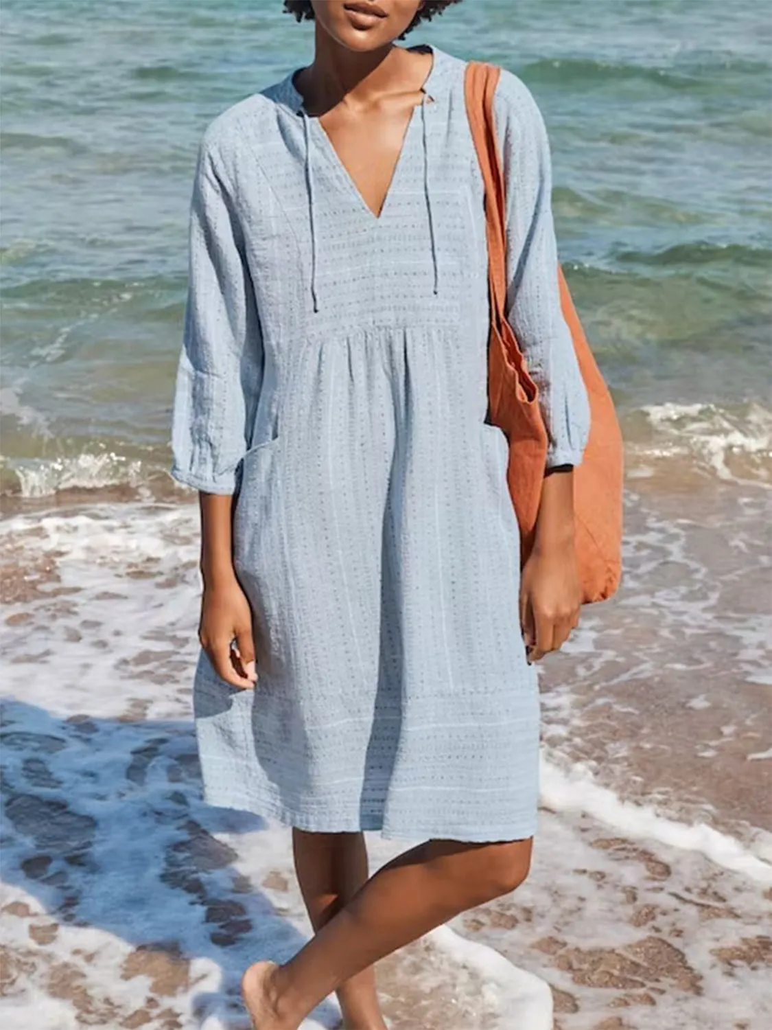 Full Size Tied Three-Quarter Sleeve Mini Dress (4 Colors)
