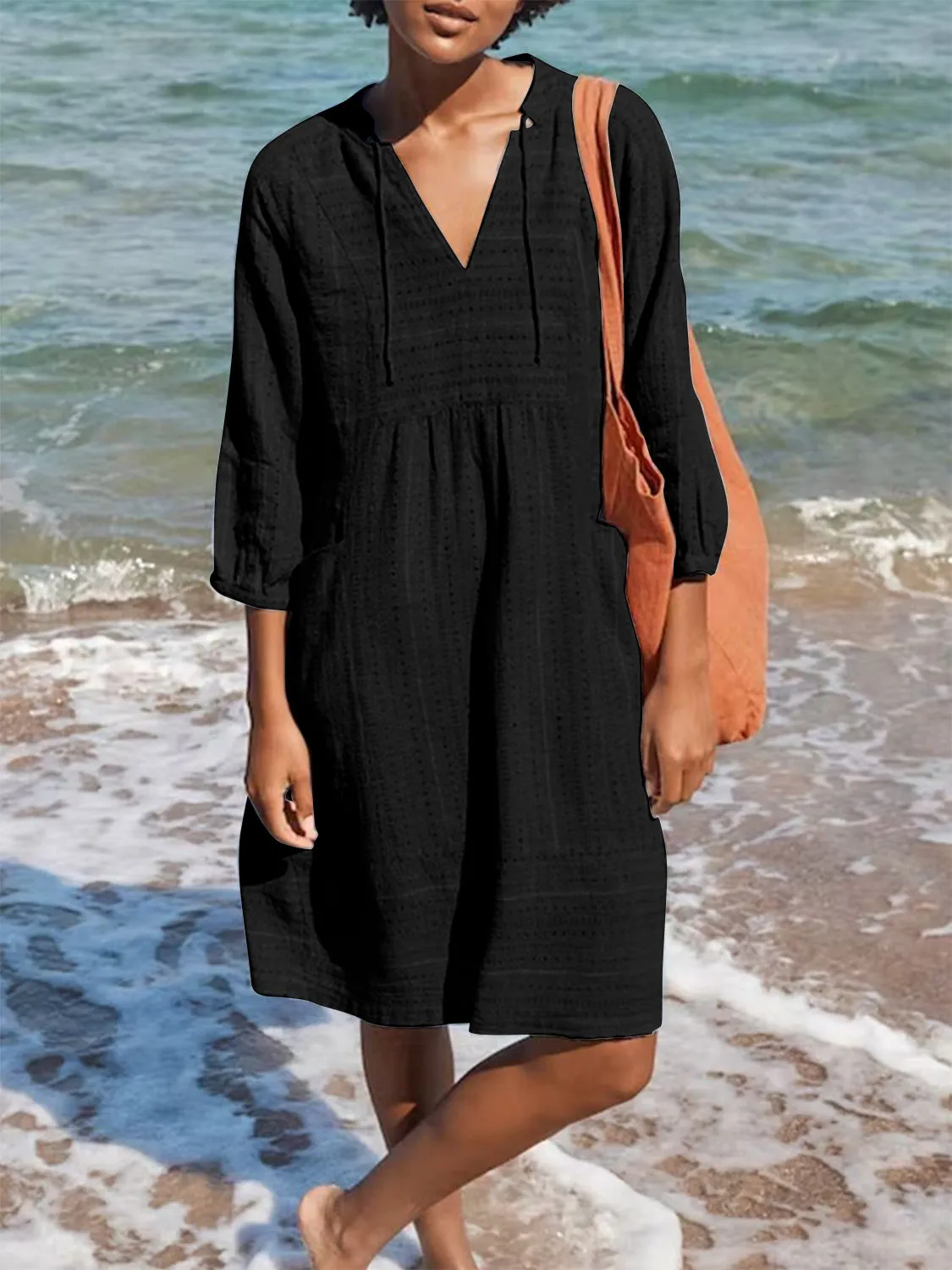 Full Size Tied Three-Quarter Sleeve Mini Dress (4 Colors)
