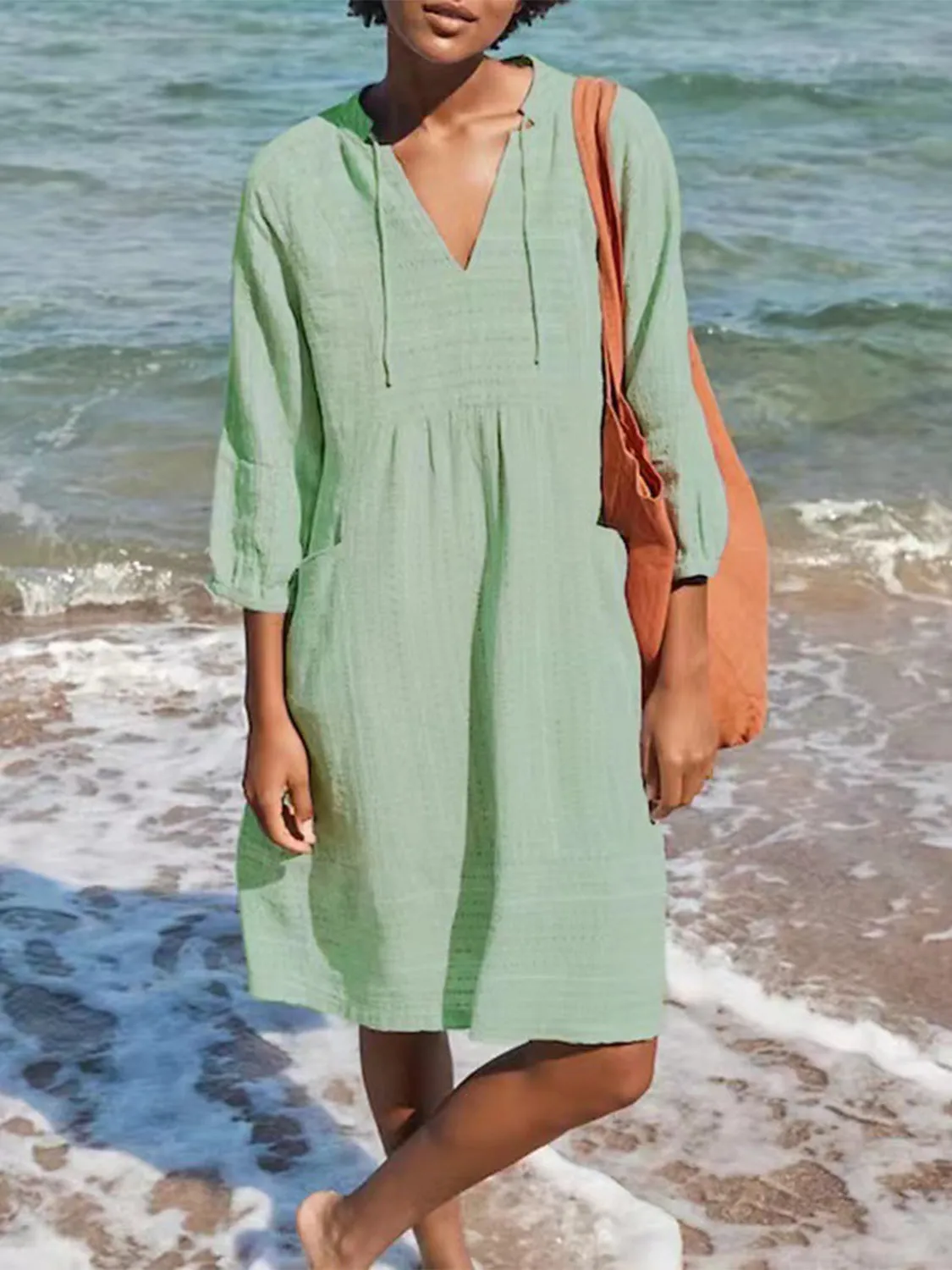 Full Size Tied Three-Quarter Sleeve Mini Dress (4 Colors)