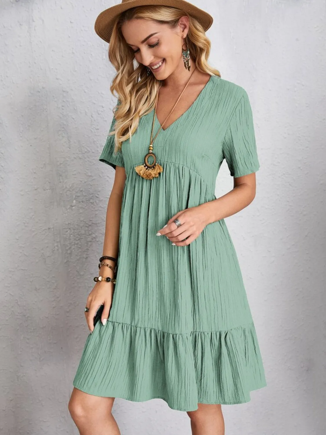 Full Size V-Neck Short Sleeve Dress (6 Colors)