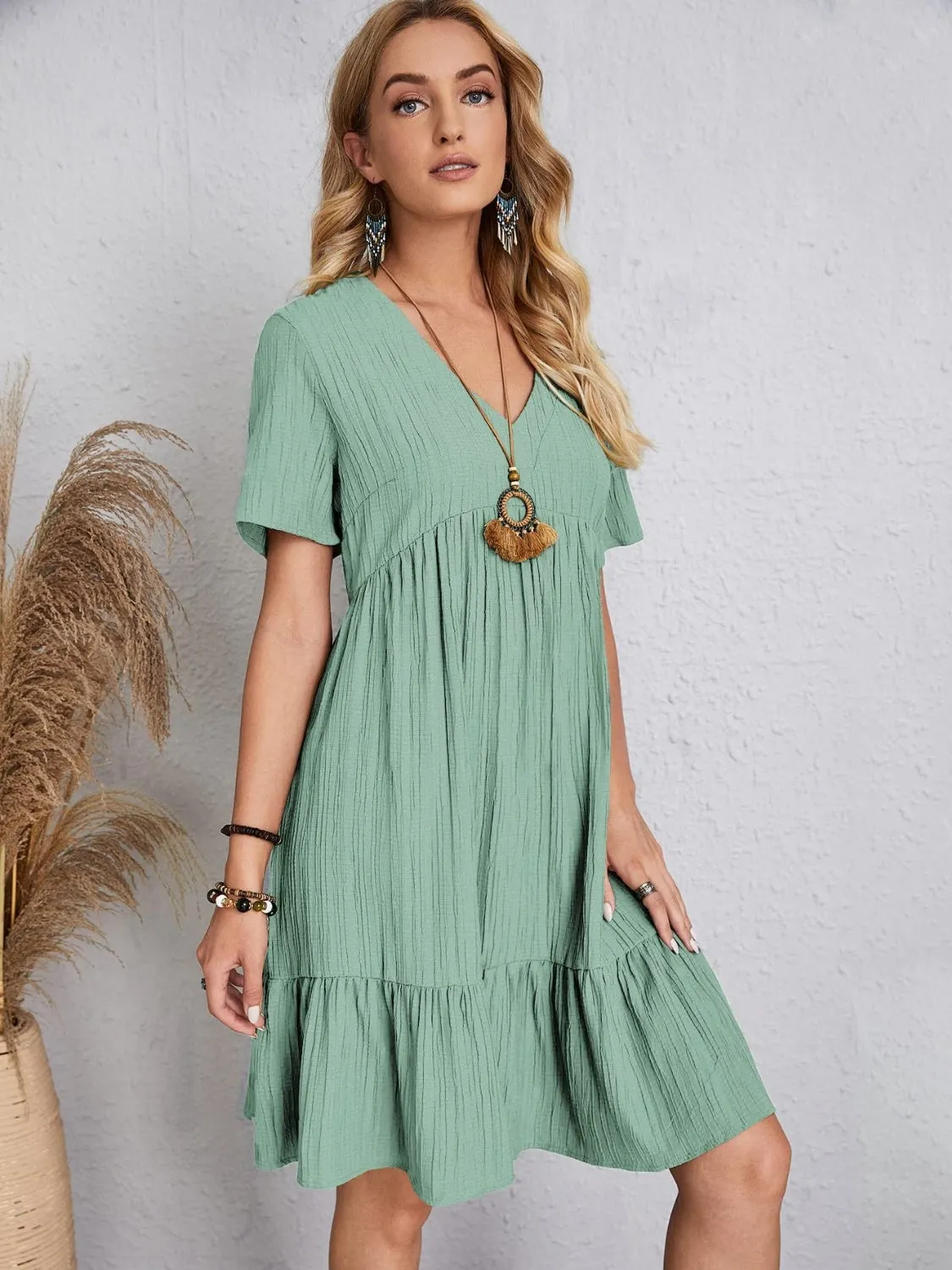 Full Size V-Neck Short Sleeve Dress (6 Colors)