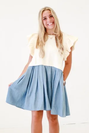 Fun Girl Flair Ruffle Sleeve Mini Dress in Ecru