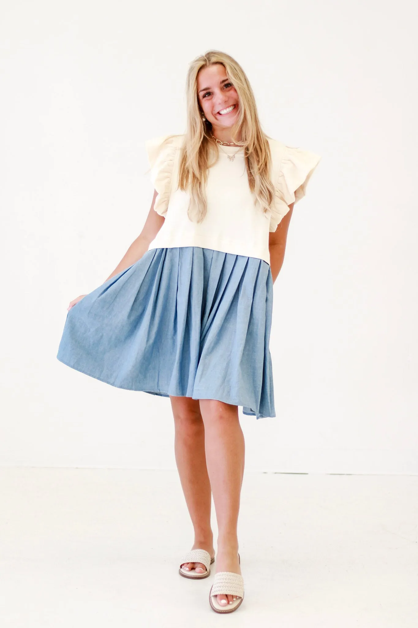 Fun Girl Flair Ruffle Sleeve Mini Dress in Ecru