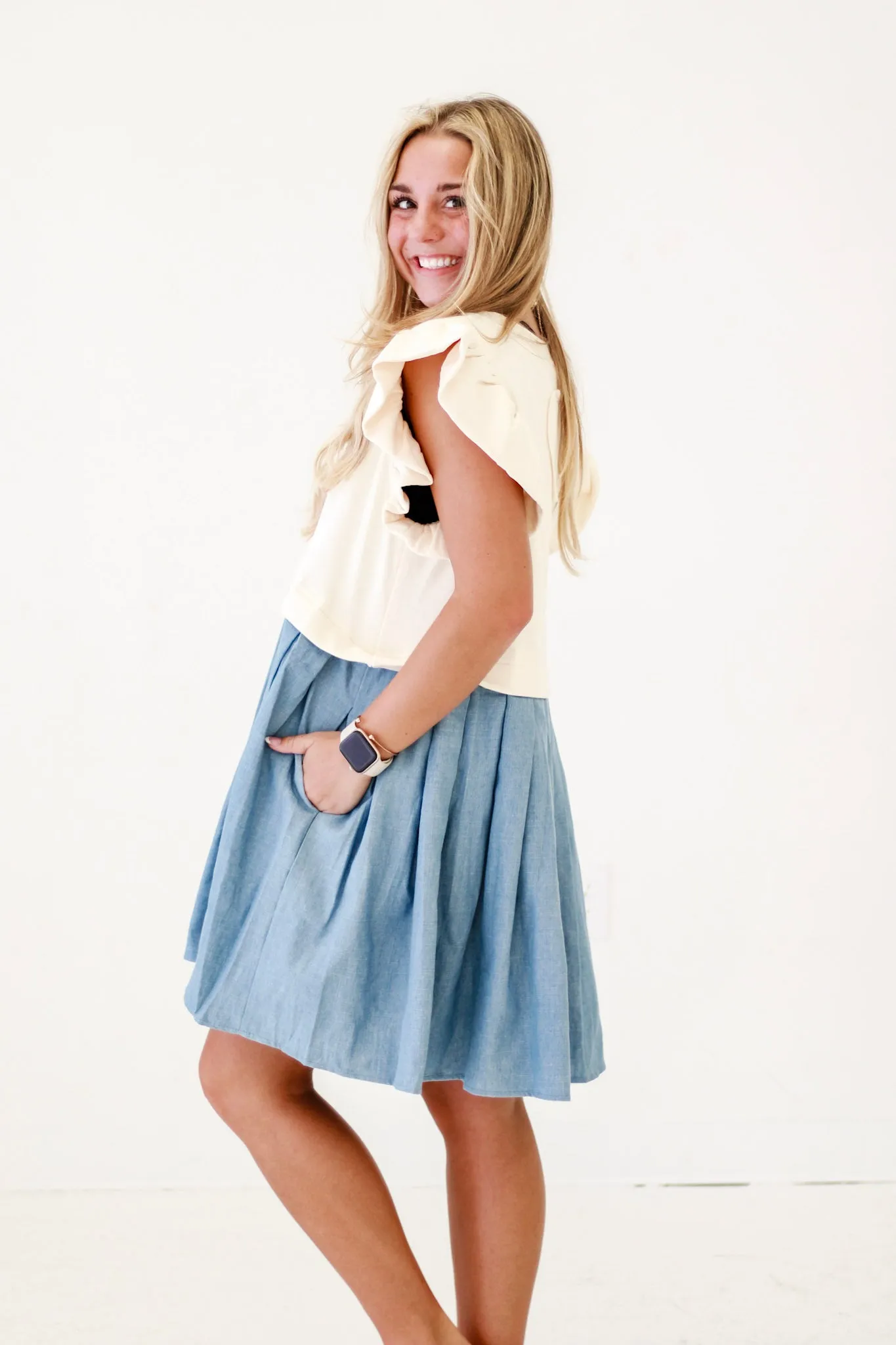Fun Girl Flair Ruffle Sleeve Mini Dress in Ecru