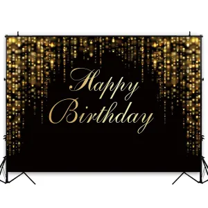 Funnytree 7x5ft Happy Birthday Party Backdrop Black and Gold Glitter Bokeh Sequin Spots Photography Background Golden Sparkle Shining Dots Baby Adult Abstract Banner Cake Table Decoration Photo Booth