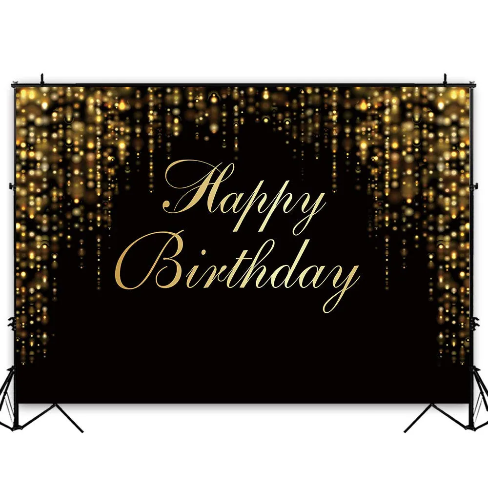 Funnytree 7x5ft Happy Birthday Party Backdrop Black and Gold Glitter Bokeh Sequin Spots Photography Background Golden Sparkle Shining Dots Baby Adult Abstract Banner Cake Table Decoration Photo Booth