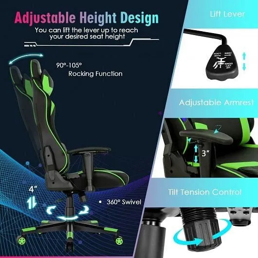 Gaming Chair Adjustable Swivel Computer Chair with Dynamic LED Lights-Green - Co