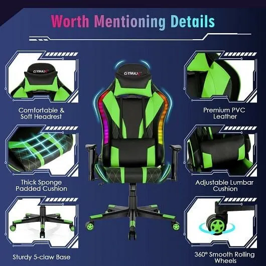 Gaming Chair Adjustable Swivel Computer Chair with Dynamic LED Lights-Green - Co