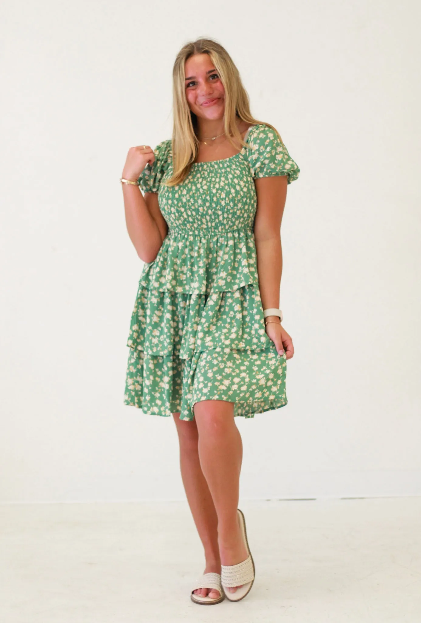Garden Gala Flower Print Mini Dress in Sage
